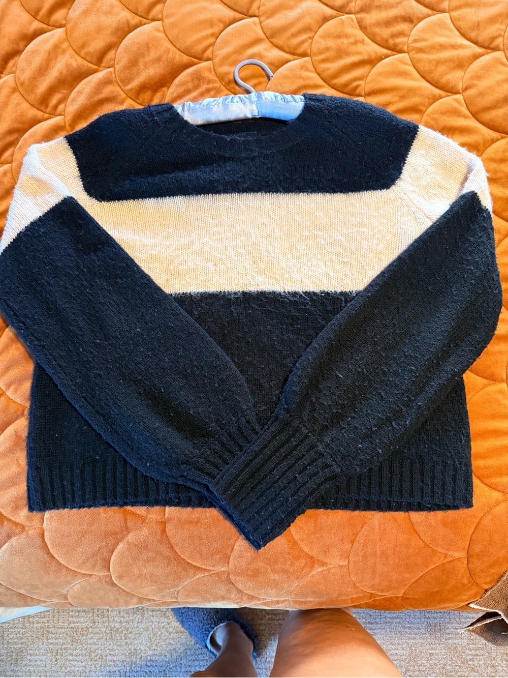 AllSaints Black and Cream Striped Crewneck Sweater- Size Large
